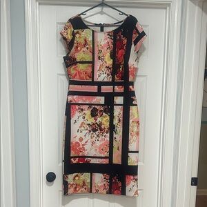 New York & Company Pink and Black Floral Grid Sheath Dress